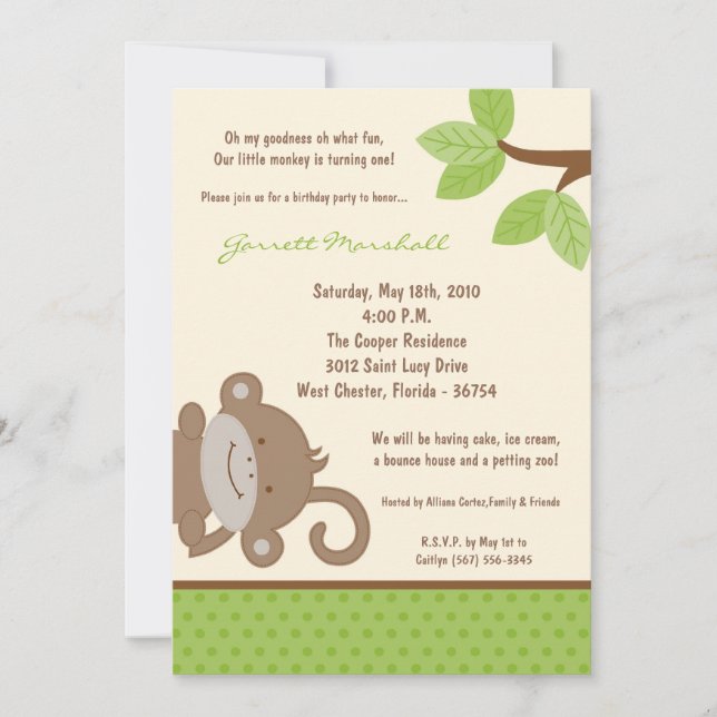 5x7 Funky Monkey Jungle Zoo Birthday Invitation (Front)