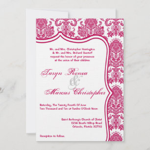 5x7 Fusia Pin White Damask Lace Wedding Invitation