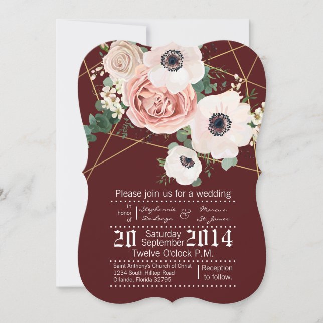 5x7 Geometric Garden Rose Wine Wedding Invitation (Front)