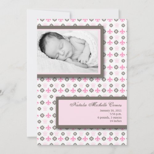 5x7 Girl Pink Fleur De Li Photo Birth Announcement