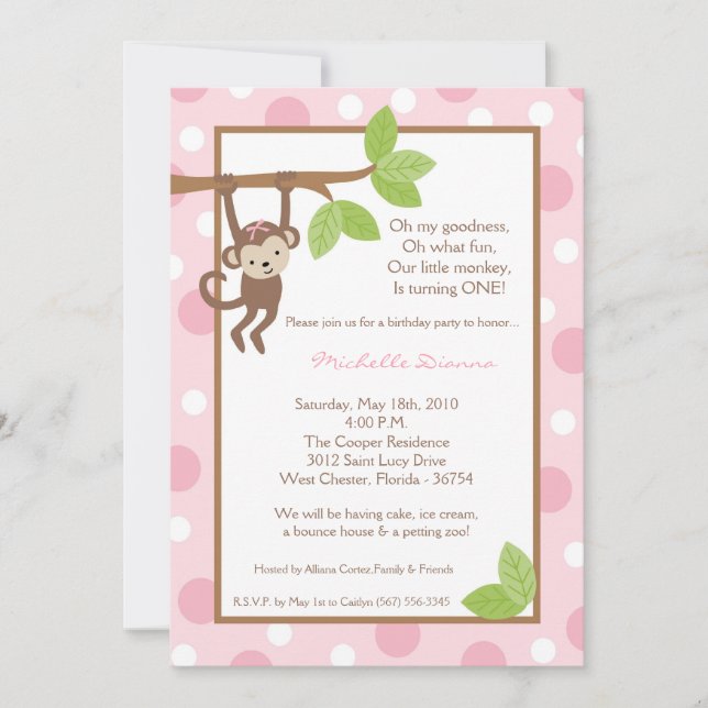 5x7 Girl Pink Monkey Jungle Birthday Invitation (Front)