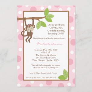 5x7 Girl Pink Monkey Jungle Birthday Invitation