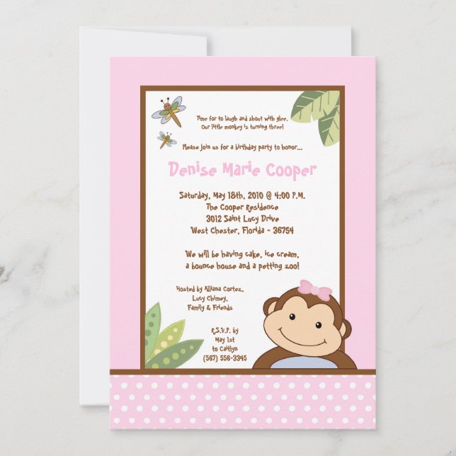 5x7 Girl Pink Papgayo Monkey Birthday Invitation (Front)