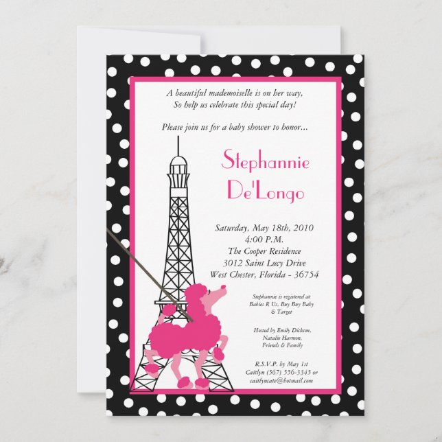 5x7 Girl Pink Poodle Paris Baby Shower Invitation (Front)