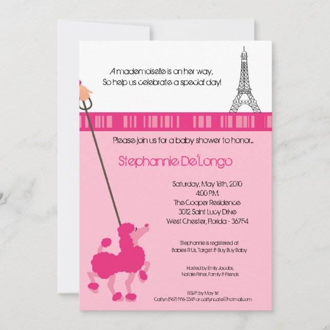 5x7 Girl Pink Poodle Paris Baby Shower Invitation (Front)