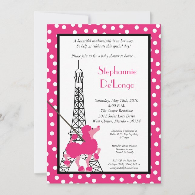 5x7 Girl Pink Poodle Paris Baby Shower Invitation (Front)