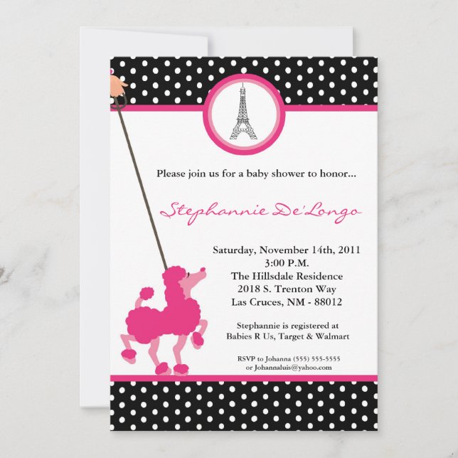 5x7 Girl Pink Poodle Paris Baby Shower Invitation (Front)