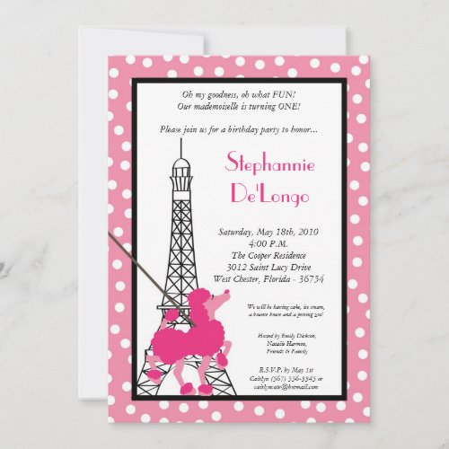 5x7 Girl Pink Poodle Paris Birthday Par Invitation