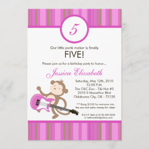 5x7 Girl Rocker Monkey Birthday Party Invitation