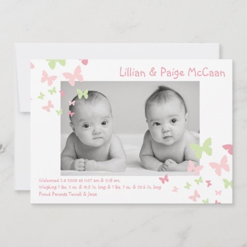 5x7 Girl Twins Butterfly Photo Birth Announcement