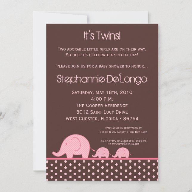 5x7 Girl Twins Mod Elephant Baby Shower Invitation (Front)