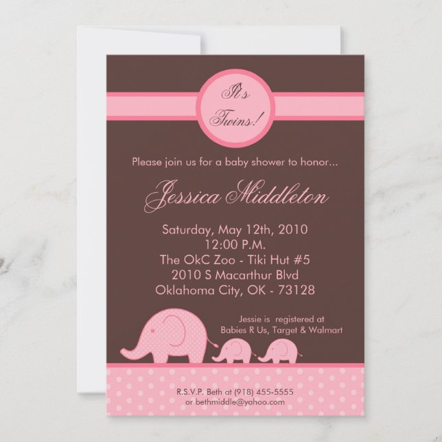 5x7 Girl Twins Mod Elephant Baby Shower Invitation (Front)