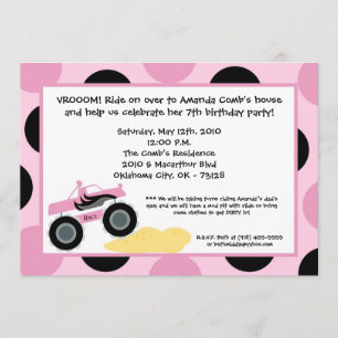 5x7 Girly 4x4 ATV Truck Birthday Party Invitation