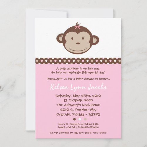 5x7 Girly Modern Mod Monkey Baby Shower Invitation