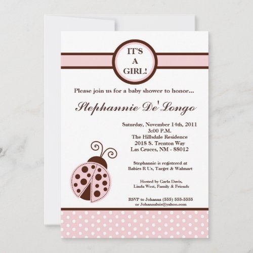 5x7 Girly Pink Lady Bug Baby Shower Invitation