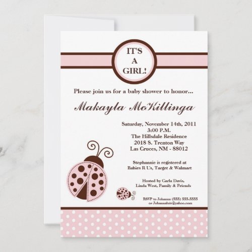 5x7 Girly Pink Lady Bug Baby Shower Invitation
