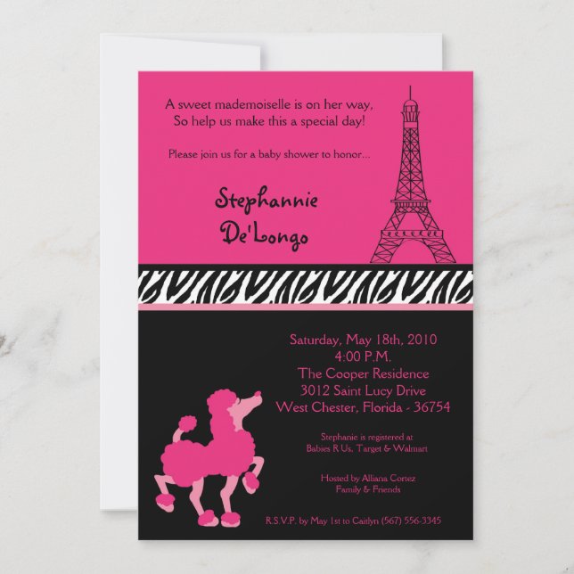 5x7 Girly Pink Poodle Paris Baby Shower Invitation (Front)