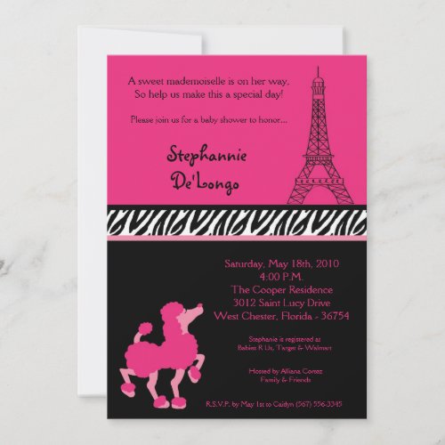 5x7 Girly Pink Poodle Paris Baby Shower Invitation