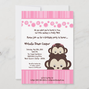 5x7 Girly Pink Pop Monkey Birthday Invitation