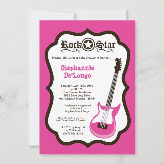 5x7 Girly Pink Rock Guitar Baby Shower Invitation (Front)