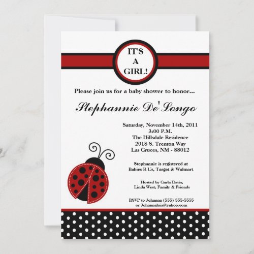 5x7 Girly Red Lady Bug Baby Shower Invitation