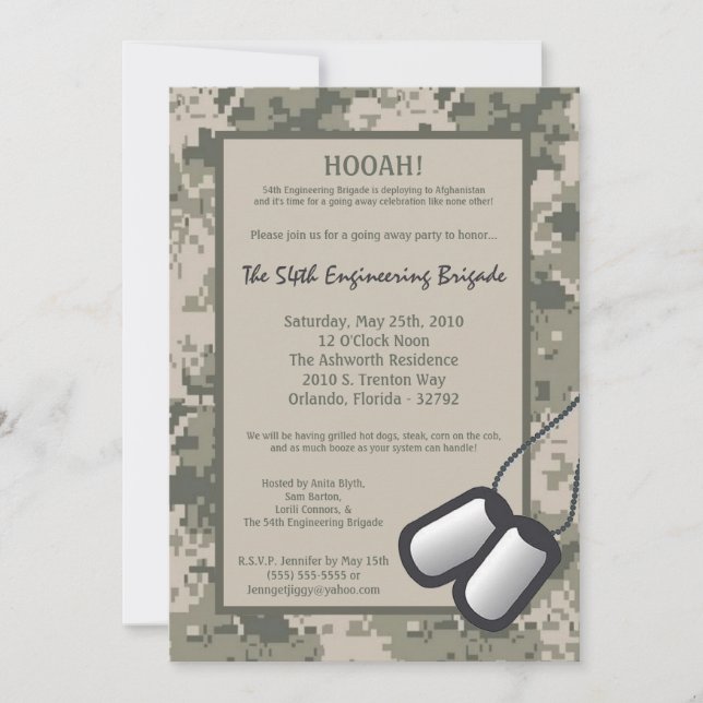 5x7 Going Away Invitation ARMY Camo ACU Print (Front)
