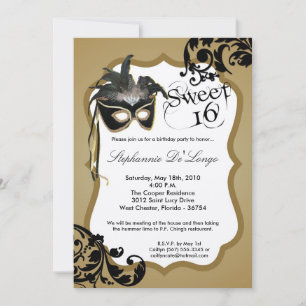 5x7 Gold Masquerade Mask 16 Birthday Invitation
