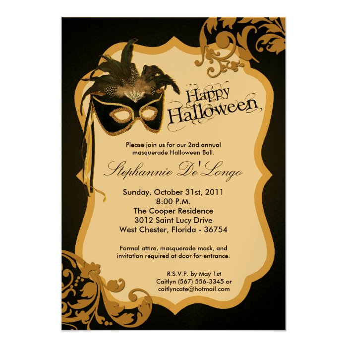 5x7 Gold Masquerade Mask Halloween Invitation