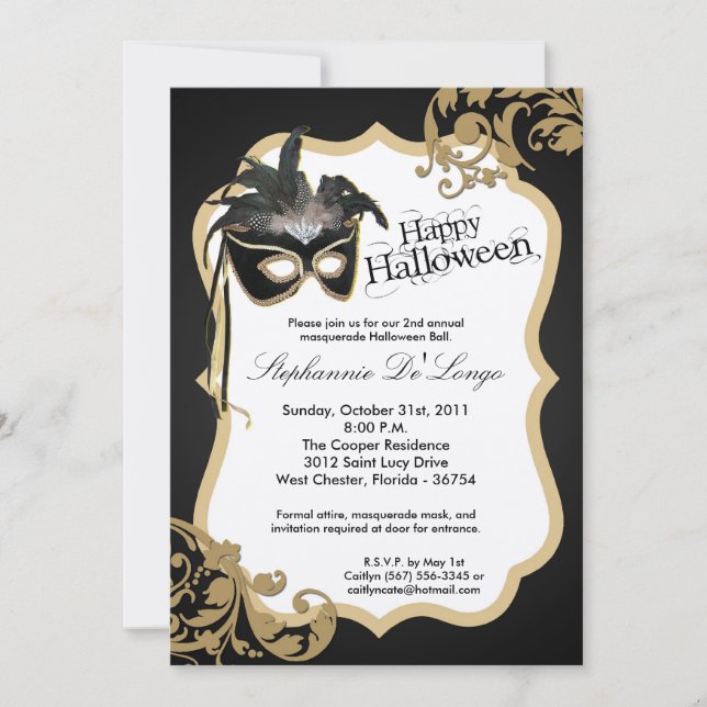 5x7 Gold Masquerade Mask Halloween Invitation (Front)