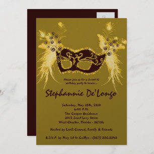 5x7 Gold Masquerade Sweet 16 Birthday Invitation