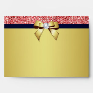 5x7 Gold Navy Diamond Bow Coral Sequins Envelope