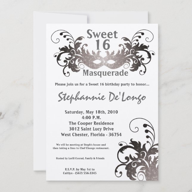 5x7 Gray Masquerade Sweet 16 Birthday Invitation (Front)