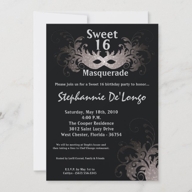 5x7 Gray Masquerade Sweet 16 Birthday Invitation (Front)