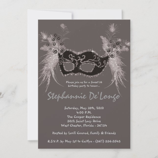 5x7 Gray Masquerade Sweet 16 Birthday Invitation (Front)