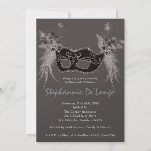 5x7 Gray Masquerade Sweet 16 Birthday Invitation