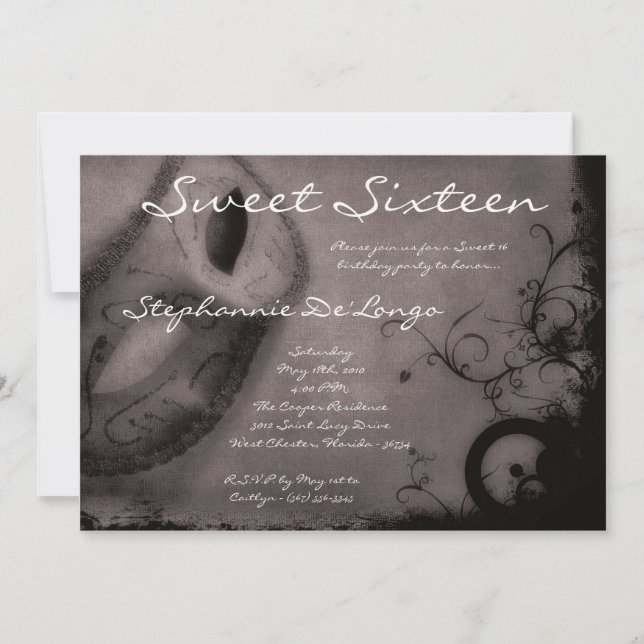 5x7 Gray Masquerade Sweet 16 Birthday Invitation (Front)