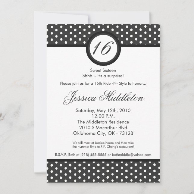 5x7 Gray White Polka Dot 16th Birthday Invitation (Front)