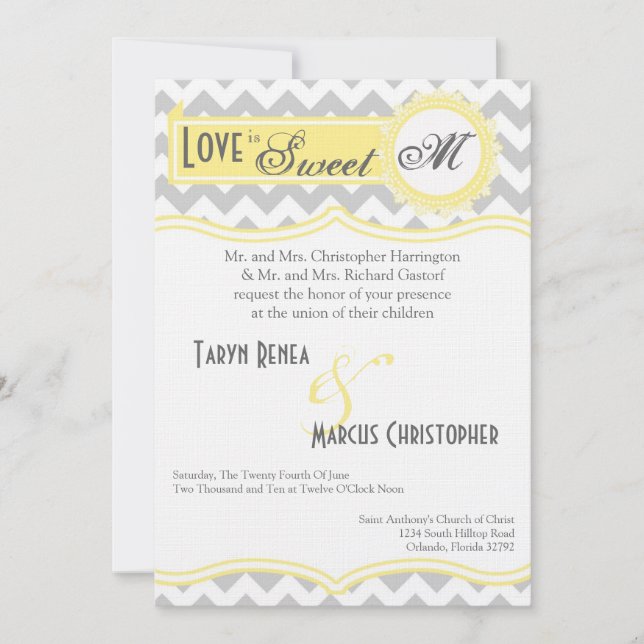 5x7 Gray Yellow Chevron Stripe Wedding Invitation (Front)