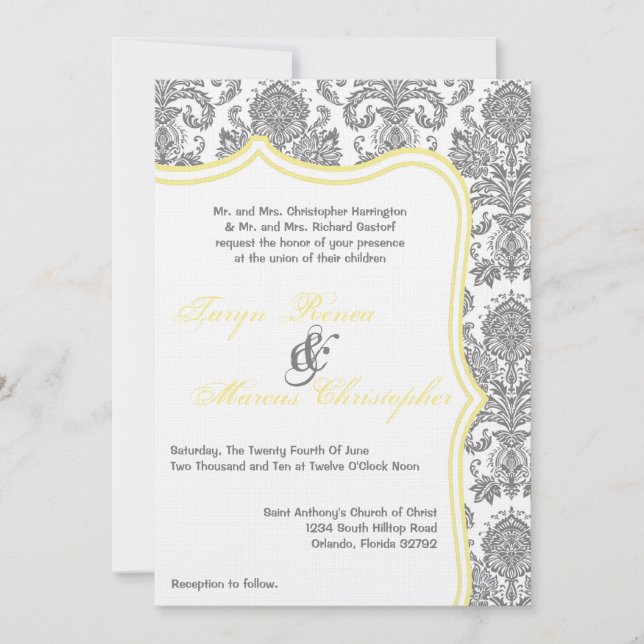 5x7 Gray Yellow Damask Lace Wedding Invitation (Front)