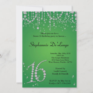 5x7 Green Diamond Sweet 16 Birthday Invitation