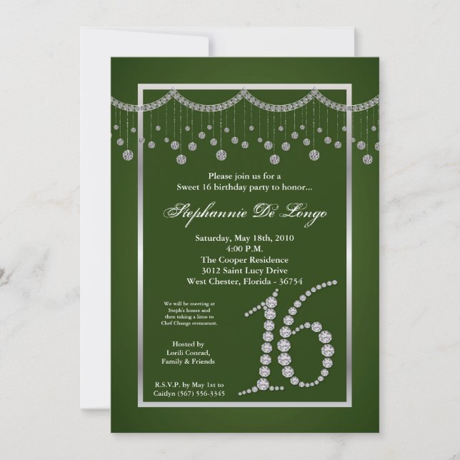 5x7 Green Diamond Sweet 16 Birthday Invitation (Front)