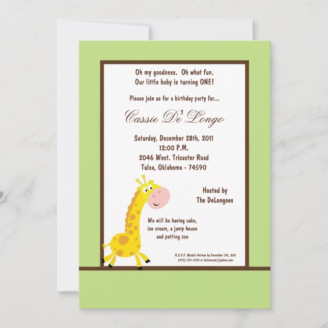 5x7 Green Giraffe Birthday Party Invite (Front)
