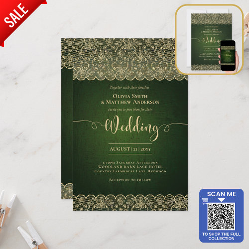 5x7 Green Gold Lace Wedding Print or DOWNLOAD Invitation