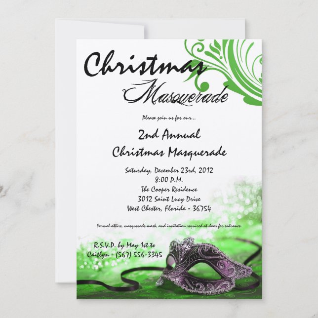 5x7 Green Masquerade Christmas XMAS Invitation (Front)