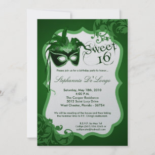 5x7 Green Masquerade Mask 16 Birthday Invitation