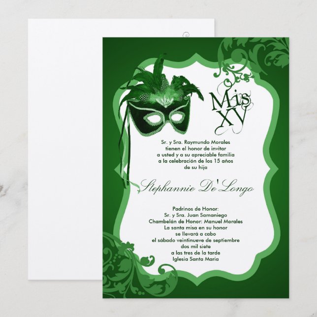 5x7 Green Masquerade Mask Quinceanera Invitation (Front/Back)