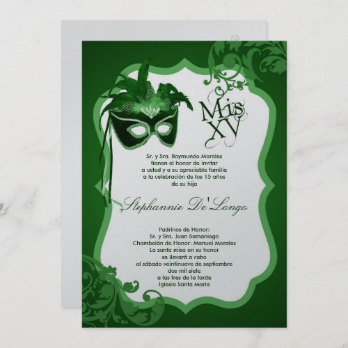 5x7 Green Masquerade Mask Quinceanera Invitation