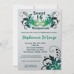 5x7 Green Masquerade Sweet 16 Birthday Invitation