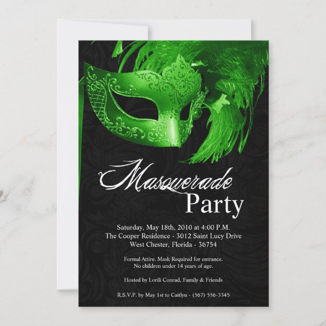 5x7 Green Masquerade Sweet 16 Birthday Invitation (Front)