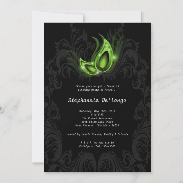 5x7 Green Masquerade Sweet 16 Birthday Invitation (Front)